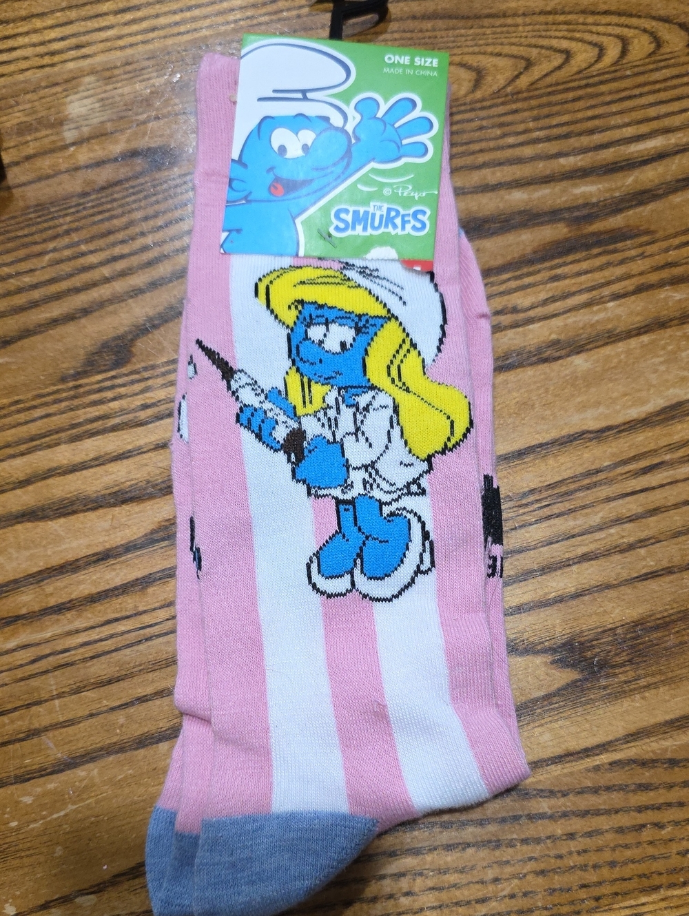 Pink & White Striped Crew Socks with Character Graphic